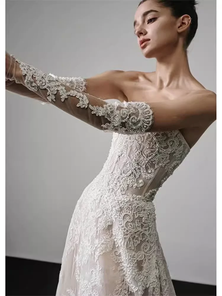 TAFN abiti da sposa in pizzo di lusso senza spalline a-line abito da sposa lungo fino al pavimento abiti da Tarin di corte su misura con maniche