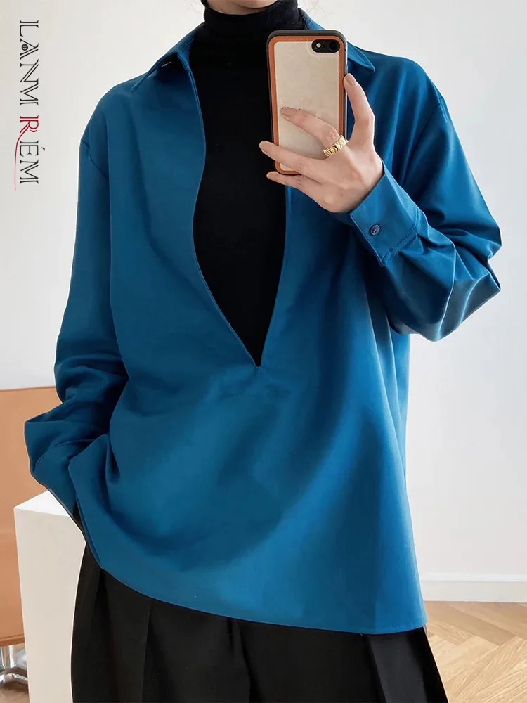 

[LANMREM] V Neck Long Sleeve Office Lady Shirt Women's Solid Loose Elegant Blouses Female Top Fashion 2024 Autumn New 26D9864