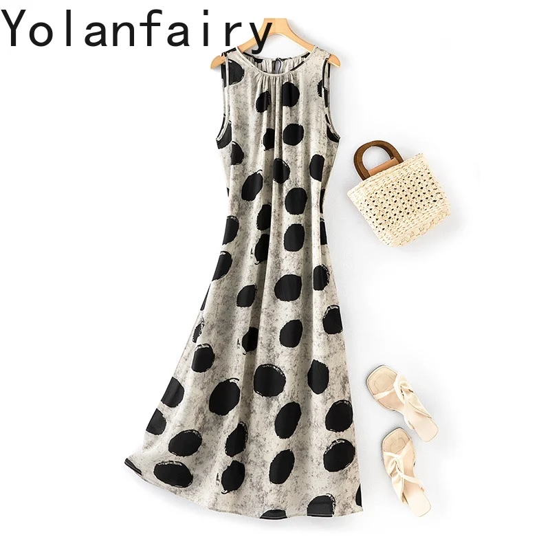 

YOLANFAIRY 100% Real Mulberry Silk Vest Dress Loose Ink-printed Large Polka Dot Summer Dresses 2025 Woman Fashion Maxi Dresses