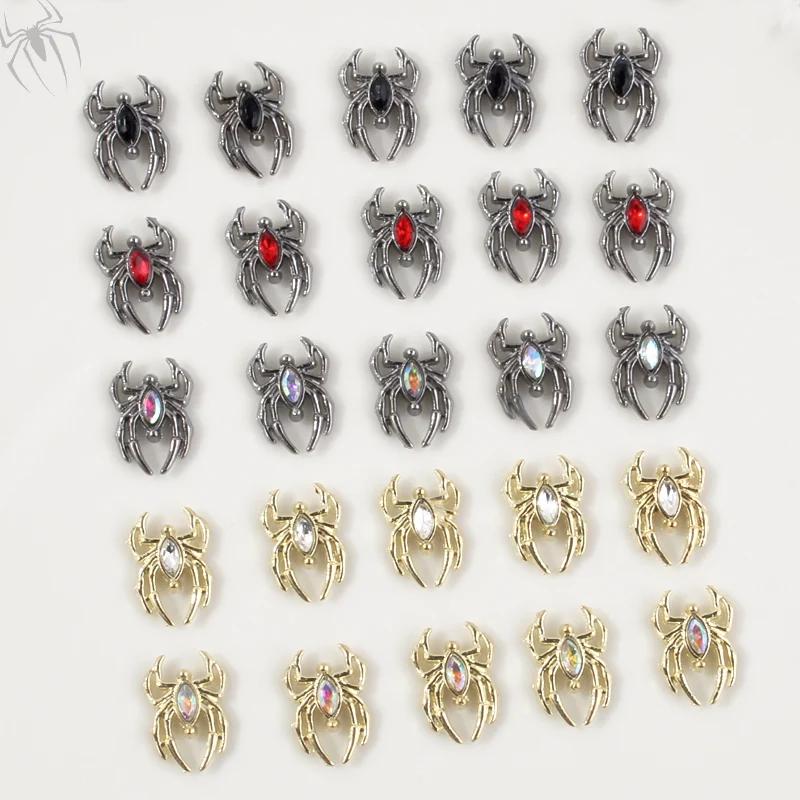 10pcs Alloy Spider Decoration Nail Charms Colorful Gem Crystal Glass Rhinestone Nail Jewelry Parts Nail Art Accessories 10*14mm