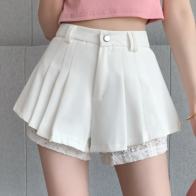 QOERLIN Fashion Lace Patchwork Pleated Shorts Women 2024 Summer New High Waist Elegant Casual Black White Shorts with Liner Girl