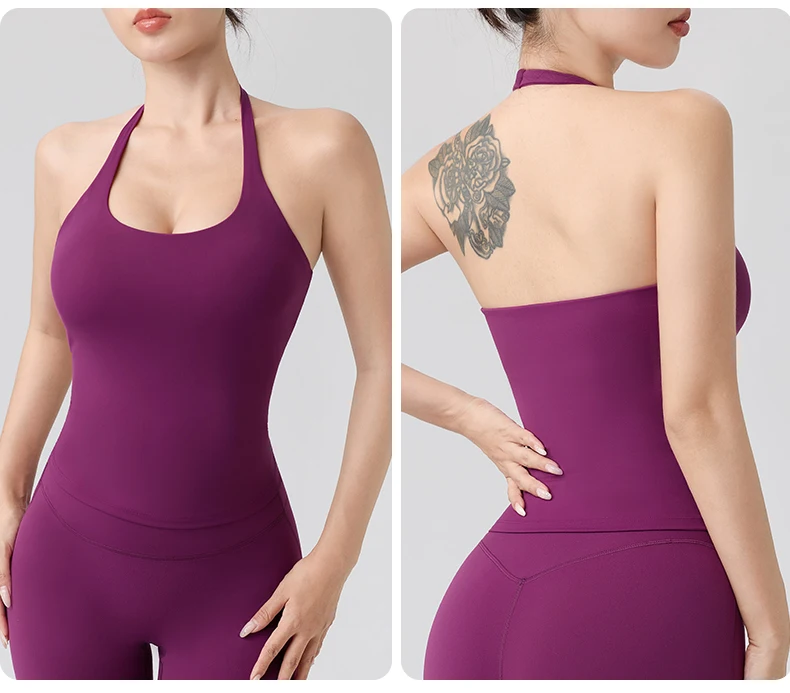 Gym Halter Top Damen Longline Strappy Tank Gepolsterte Yoga-Kleidung Fitness Workout Lauf-Activewear Pilates-Kleidung – Detail 9