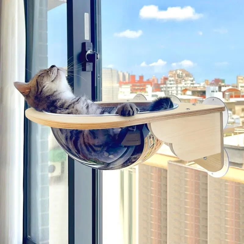 Wooden Cat Window Perch with Suction Cups Hanging Hammock Bed for Small Pets Sunbathing Nest Climbing Frame Glass Mount