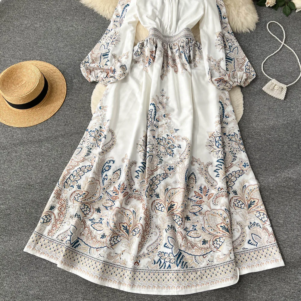 Summer Long Dress for Women Boho Long Sleeve Printed Indie Folk Half Open Collar Female Tarf Party Evening Luxury Vestidos New