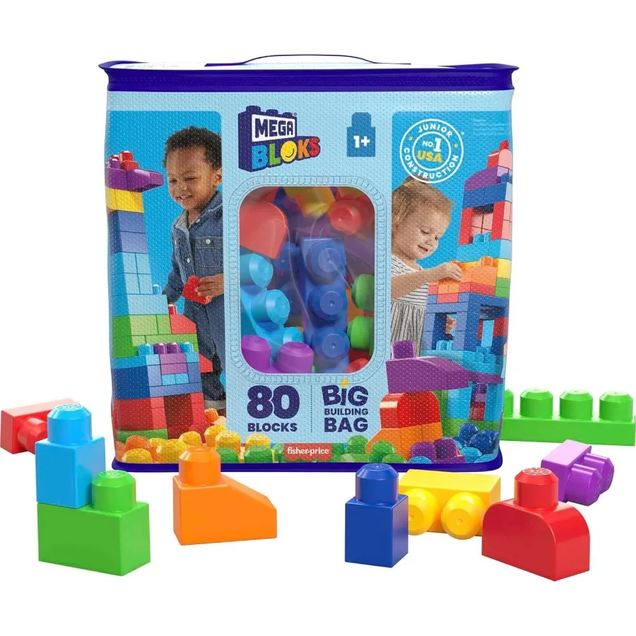 MEGA BLOKS Set di giocattoli per primi costruttori per bambini con 80 pezzi e custodia in blu, ideale per giochi creativi e iniziale