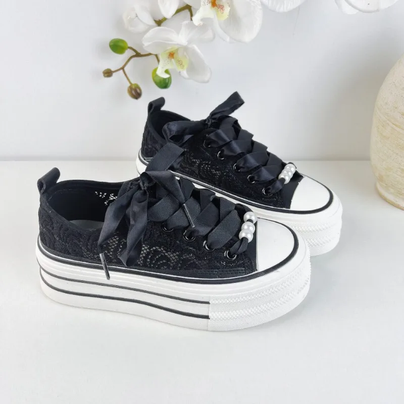 

Women Lace Embroidery Canvas Shoes Thick Soled Trend Sneaker Elegant Silk Ribbon Board Shoes Comfort Flats Zapatillas De Mujer