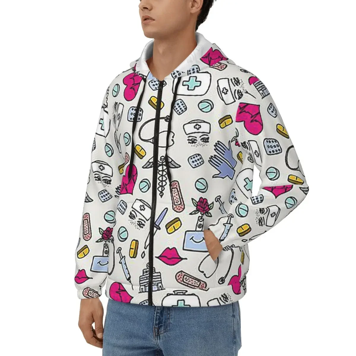 ممرضة Pattern0 التمريض نمط ممرضة قلنسوة بسحاب Harajuku البلوز الخريف الشتاء الرجال النساء بلوزات طويلة الأكمام بلايز