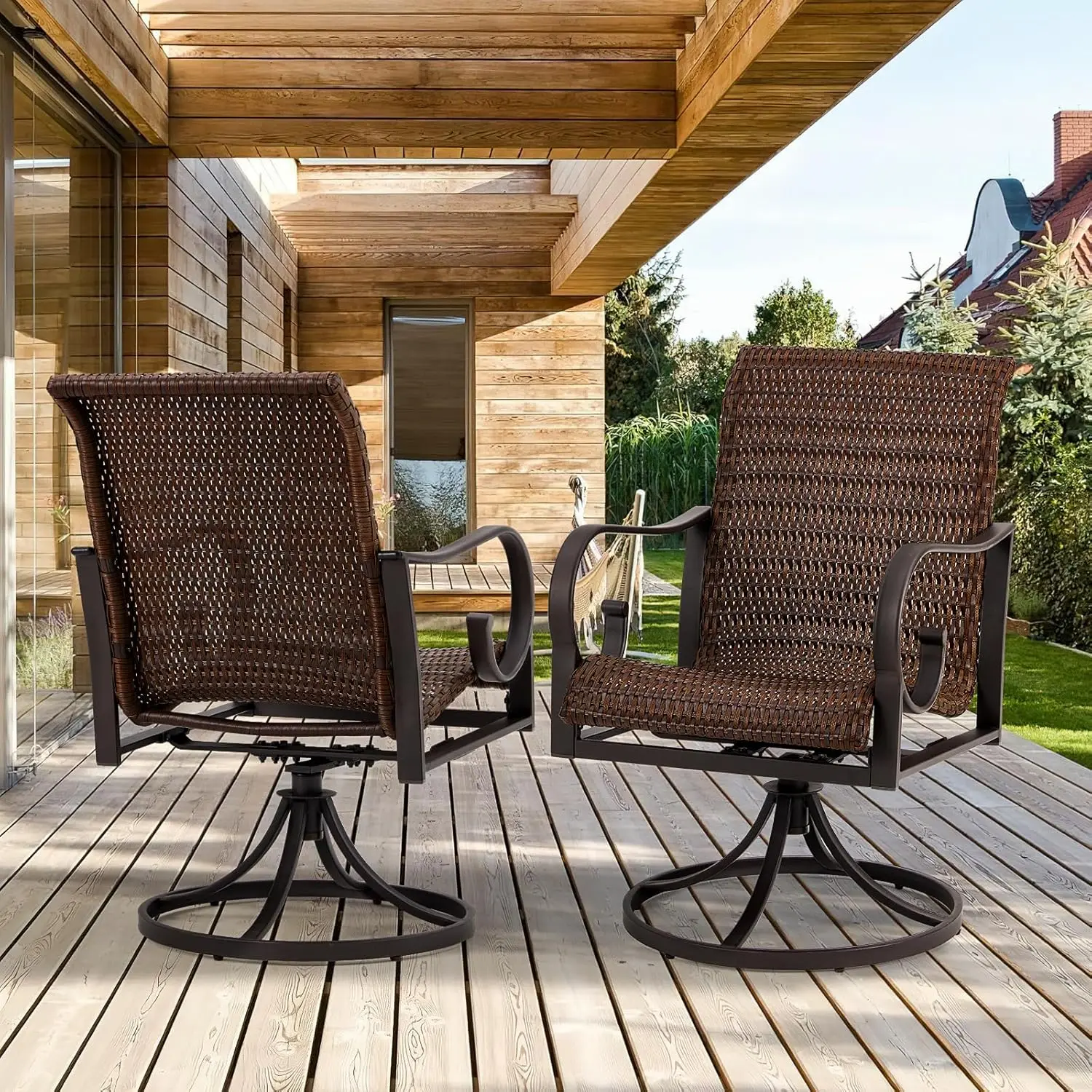 Juego de 2 sillas giratorias para patio, silla de comedor resistente para exteriores con respaldo alto de 23,5 pulgadas, asiento extragrande para caída en agua, mimbre