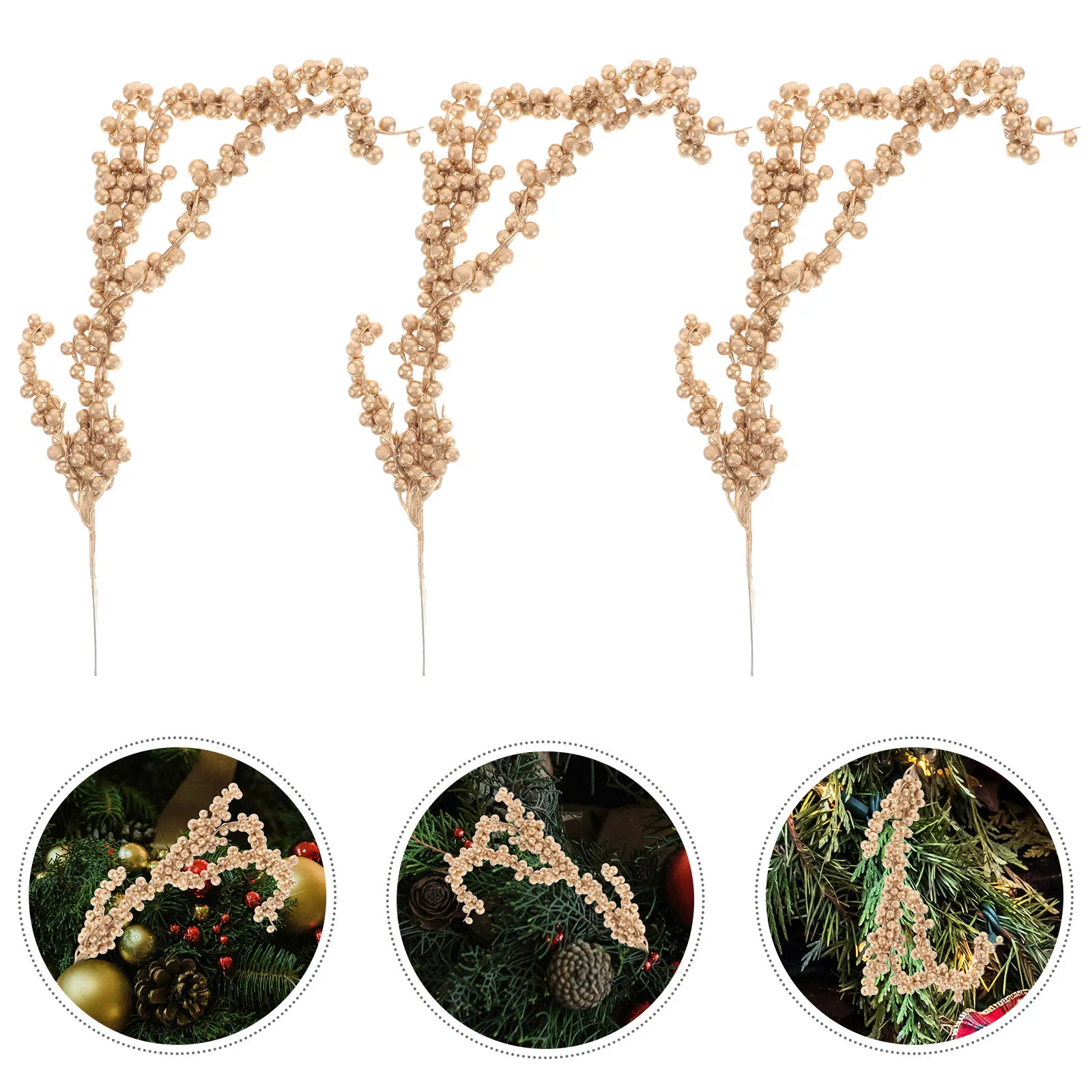 

3Pcs Simulated Berry Branches Adornment Golden Lifelike Flower Branches for Christmas Tree and Interior Decoration