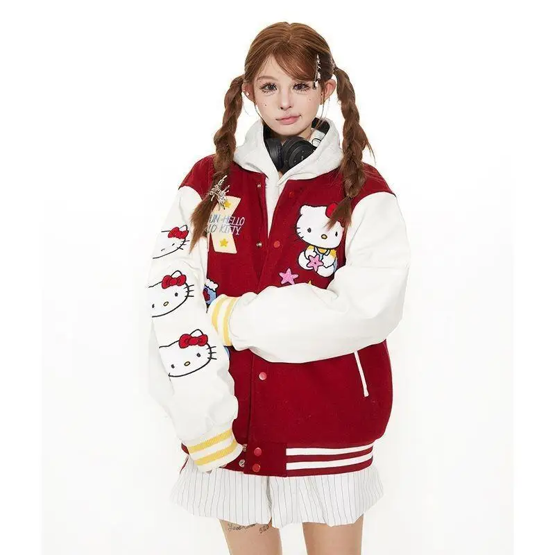 

Осенне-зимняя бейсбольная куртка с вышивкой Kawaii, аниме, модная повседневная женская куртка Sanrio Hello Kitty, комплект из двух предметов, куртка