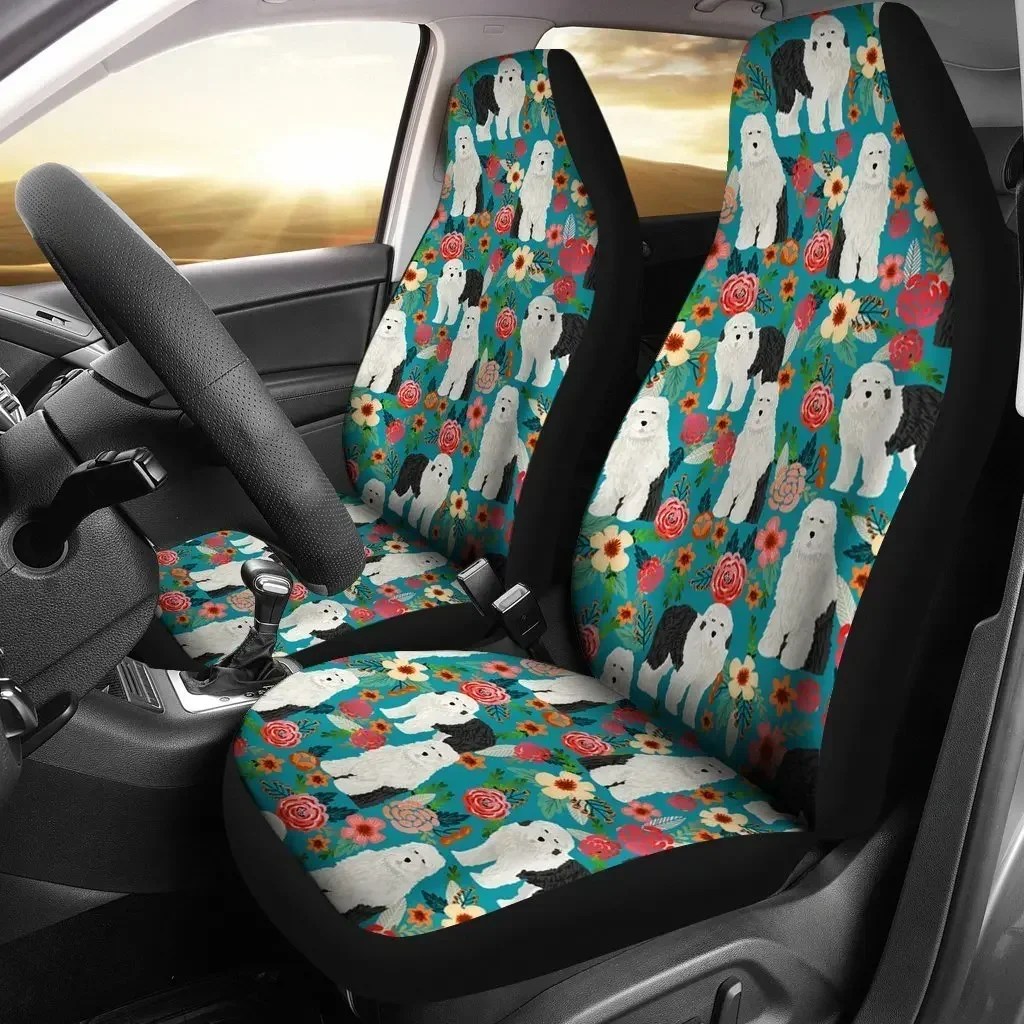 Old English Sheepdog Floral Print Car Seat Covers Set 2 Pc, Car Accessories Seat Cover