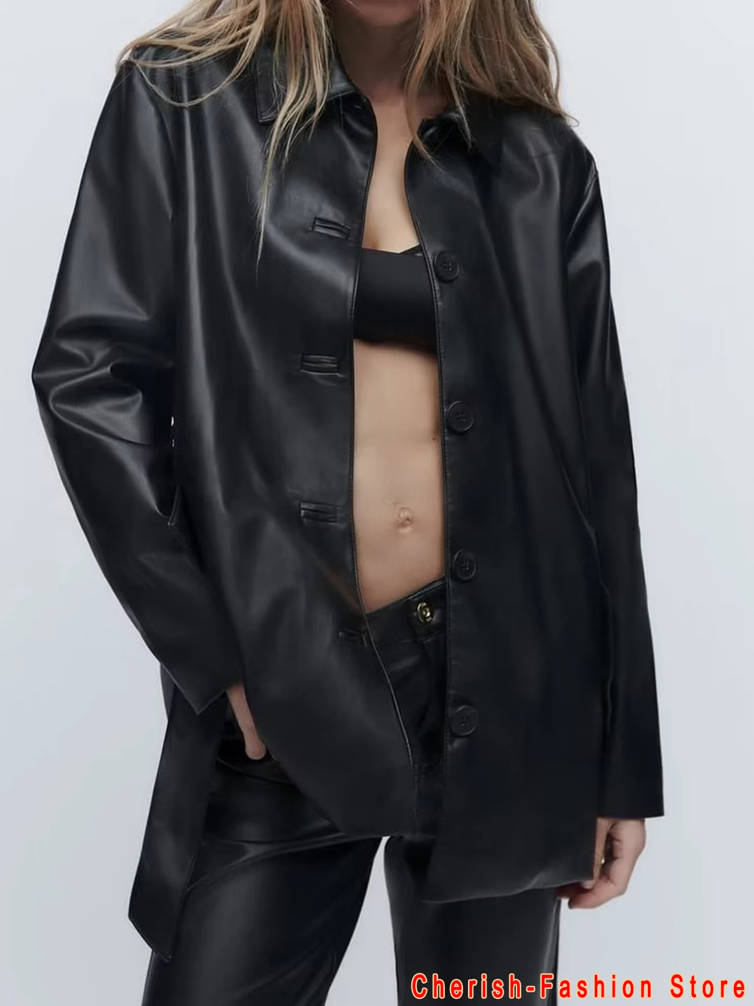 Motorfiets Vrouwen Lederen Shirt Straat Zwarte Kleur Knoppen Pu Shirt Nieuwe Herfst Winter Casual Lange Mouwen Tops Blouse Met Riem