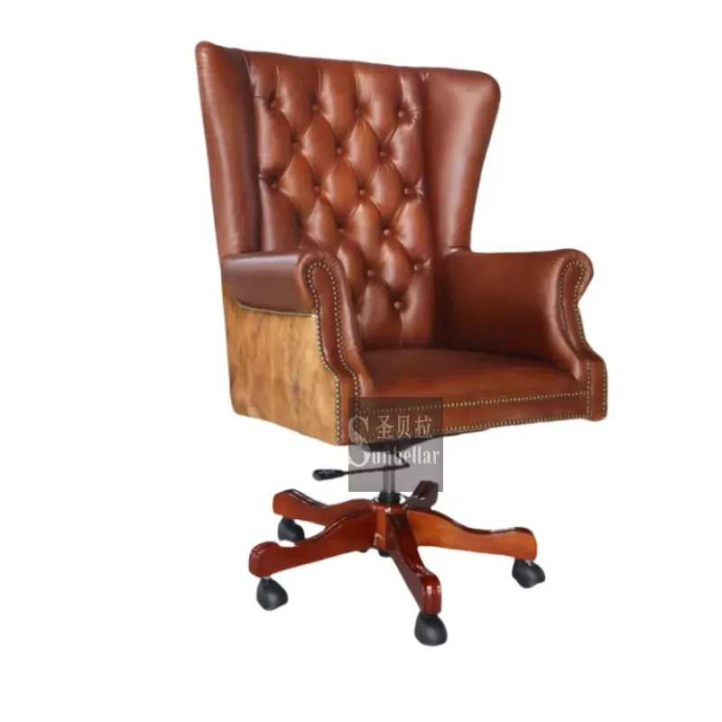 

quality leather brown cowhide mid-century executive office chair rotating adjustable button high back home office