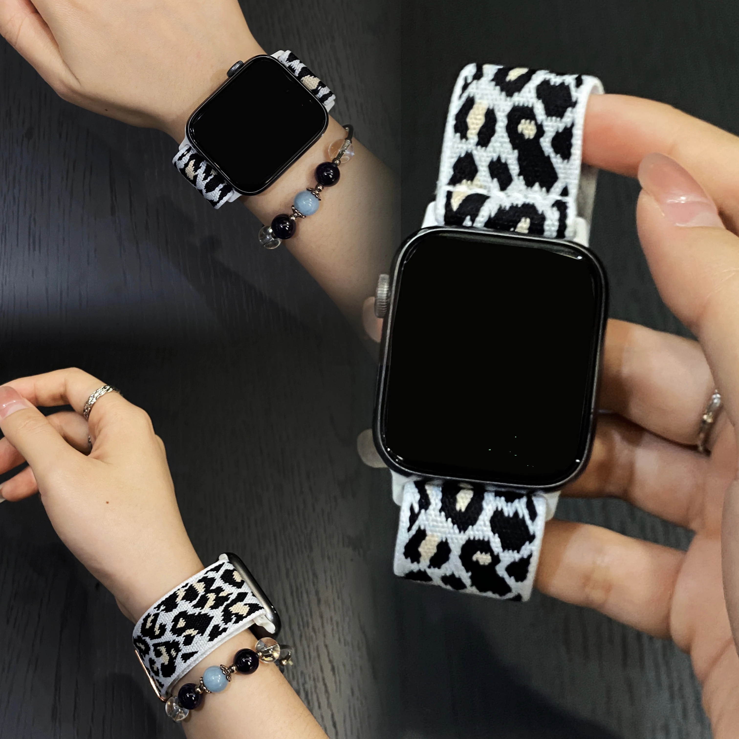 Stretchy Nylon Band for Apple Watch 38-49mm, Adjustable Leopard Strap for iWatch Series 10-2/SE/Ultra 2