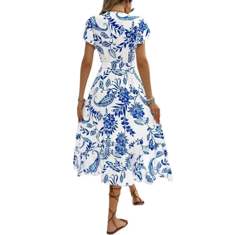 Vestido Midi Feminino 2026 com Estampa Floral, Barra Franzida, Poliéster, Caimento Limpo, Cintura V, para Verão - Ciwalk