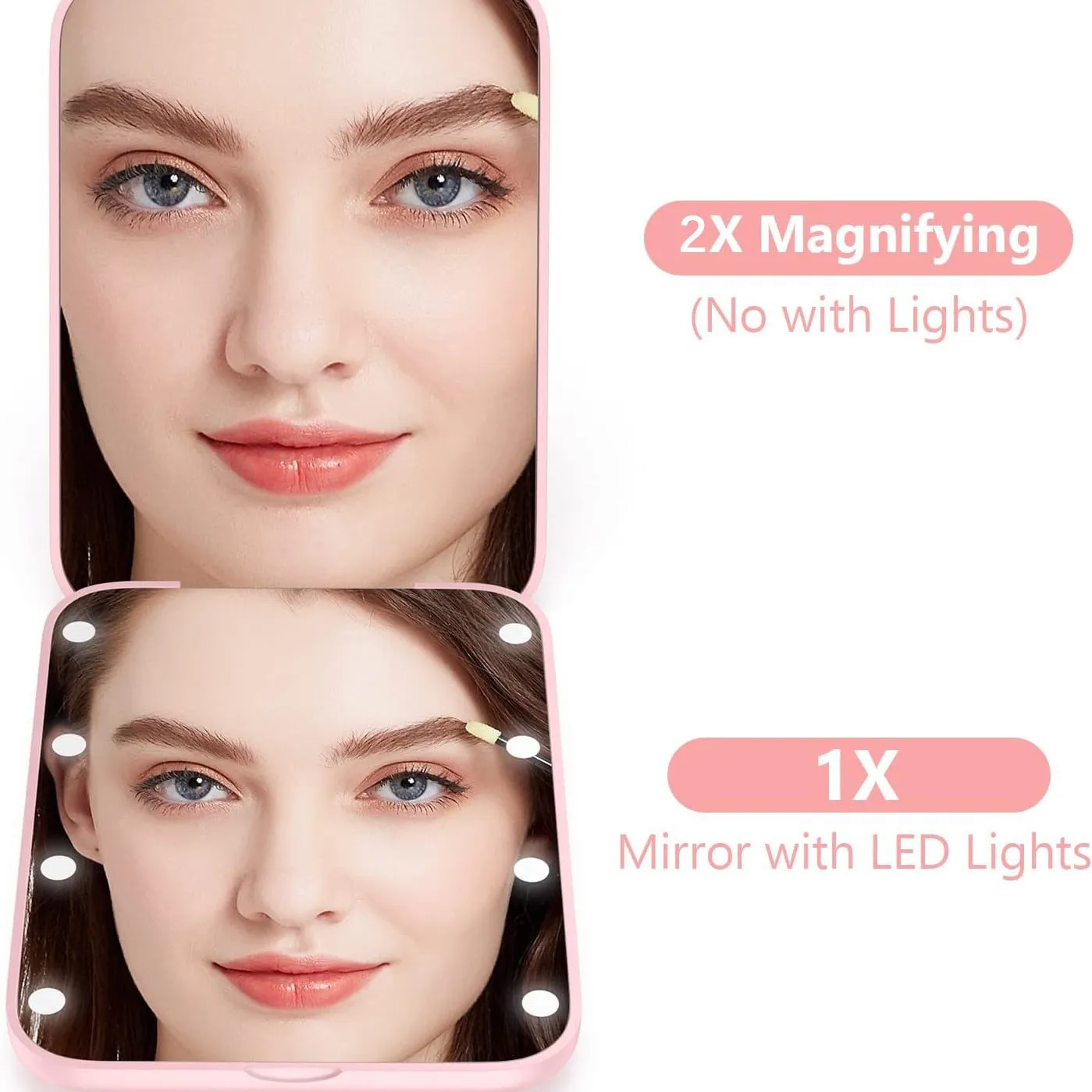 미니 LED 포켓 메이크업 거울 2배 확대 배터리 구동 휴대용 핸드헬드 메이크업 거울