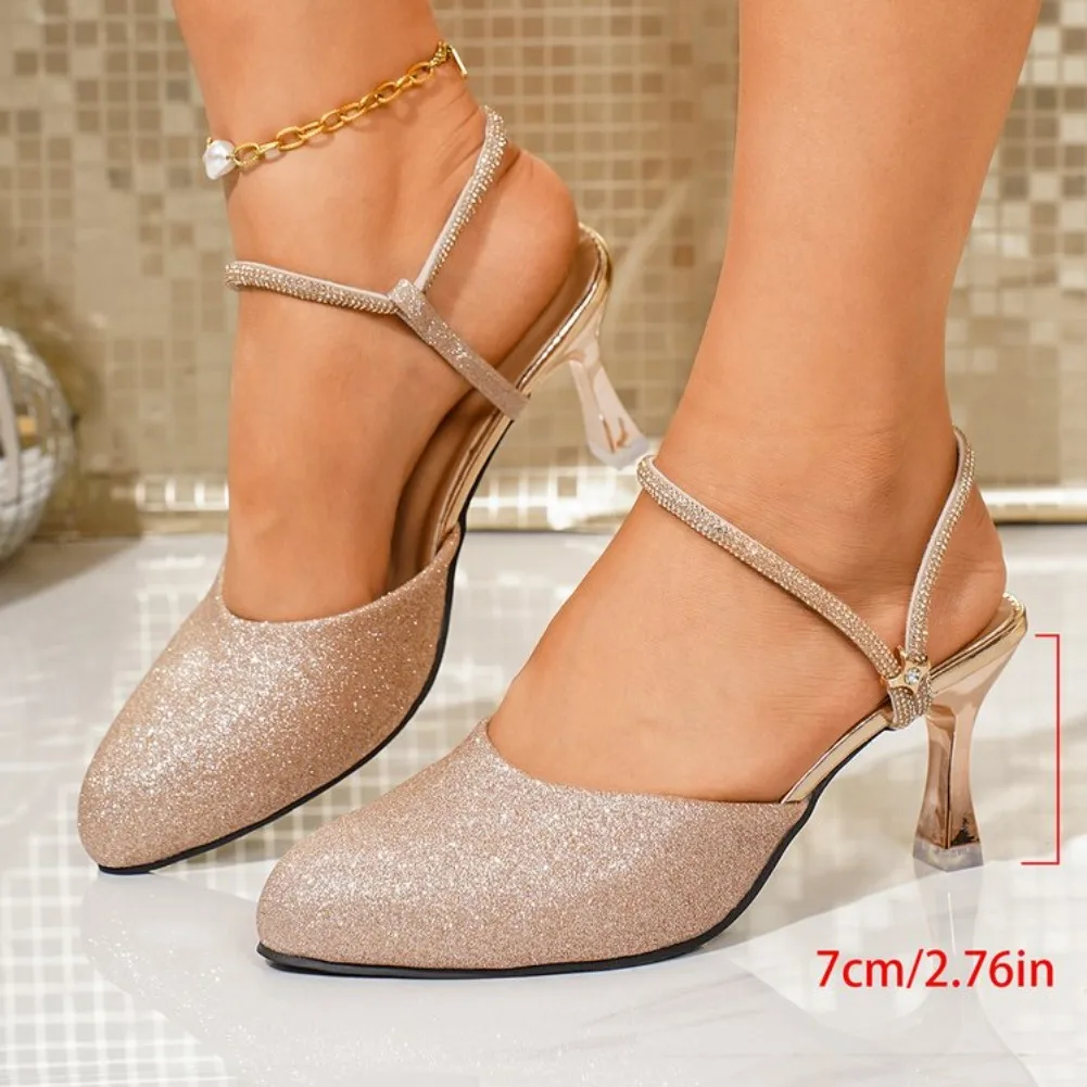 Sandalias de Verano para Mujer, Diseño Hueco Color Champán, Zapatos Cómodos con Tacón Cuadrado y Alto, Zapatos de Mujer
