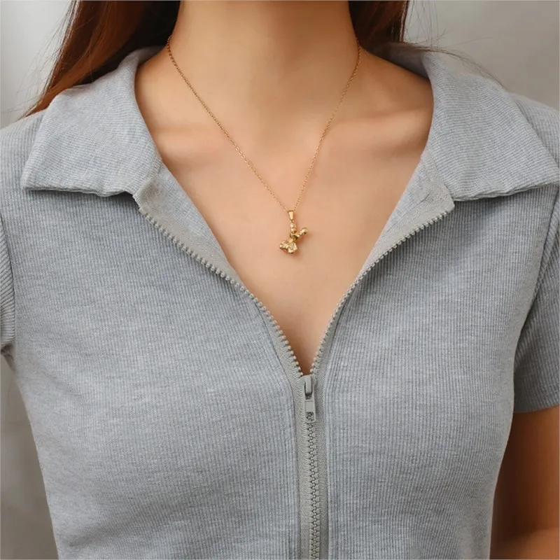 ANENJERY L316 Stainless Steel Rabbit Elephant Bear Pendant Necklace for Women Simple Clavicle Chain Jewelry Accessory