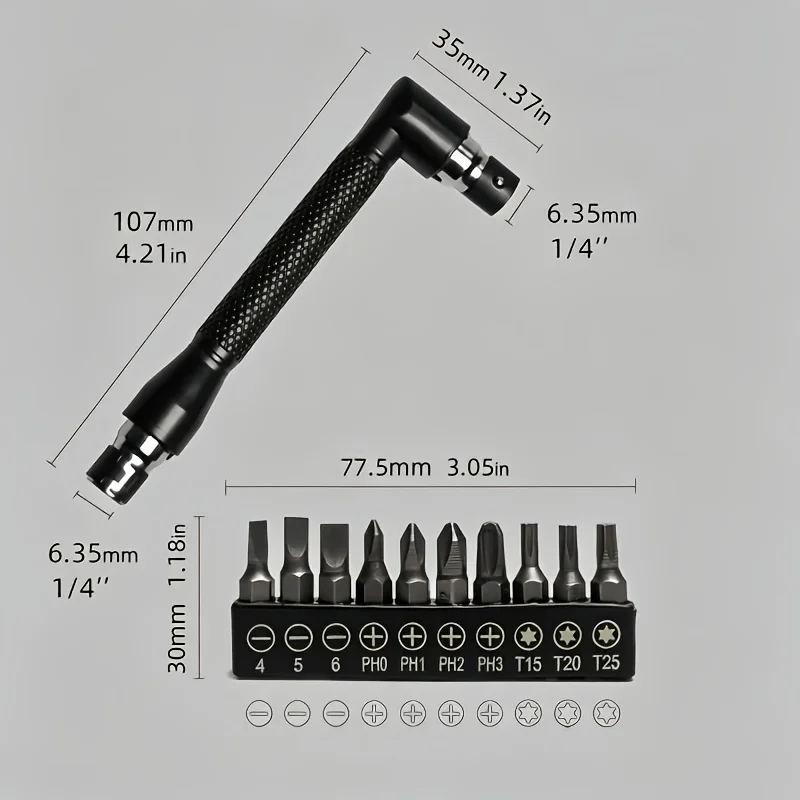 11pcs L-shaped right angle screwdriver with 10 pieces of 1/4 inch screwdriver head set, multi specification screwdriver head kit