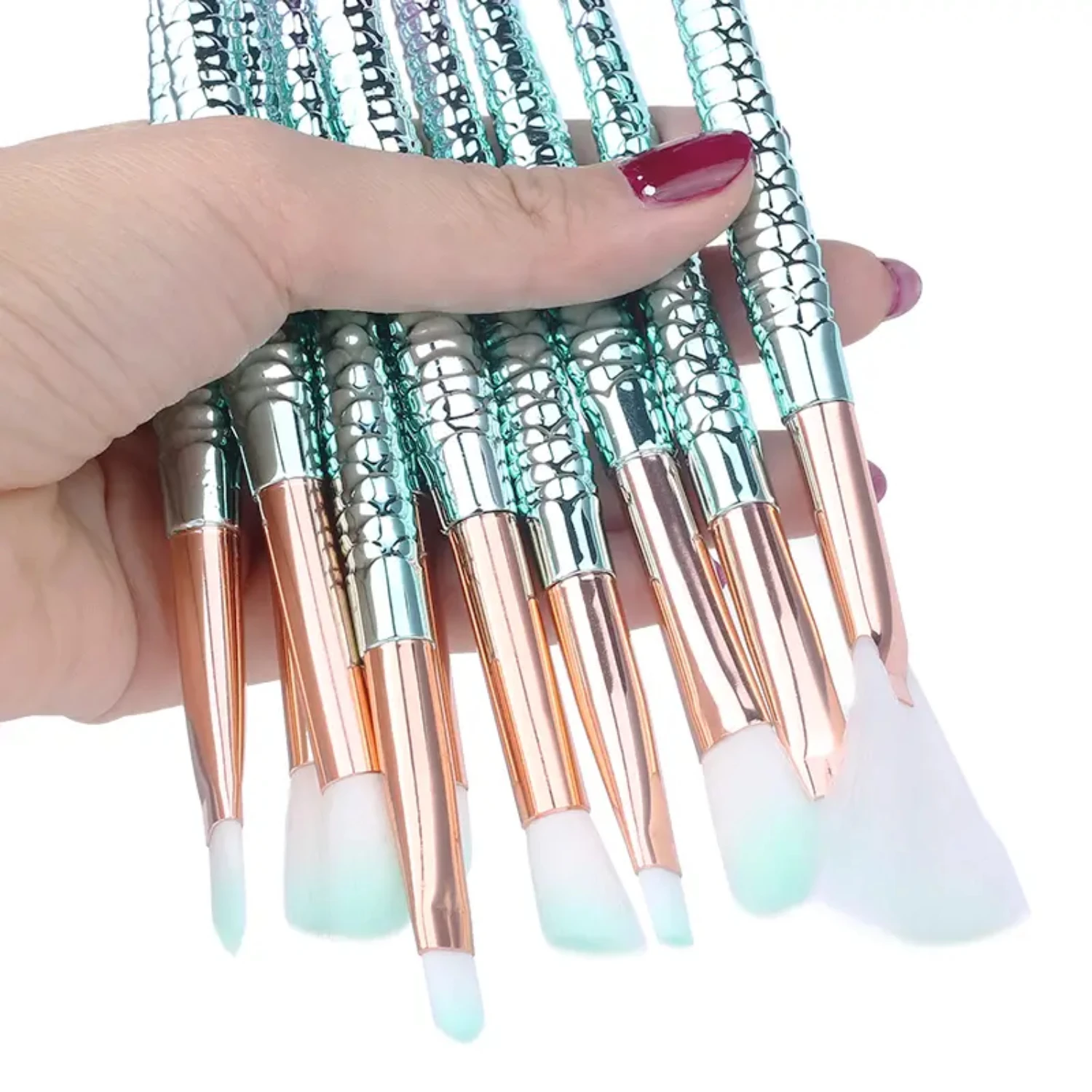 Lindo conjunto de pincéis de maquiagem com 10 peças - Kit de ferramentas essenciais para cosméticos, iluminador sereia, base, rosto, sombra, lábios - Pr