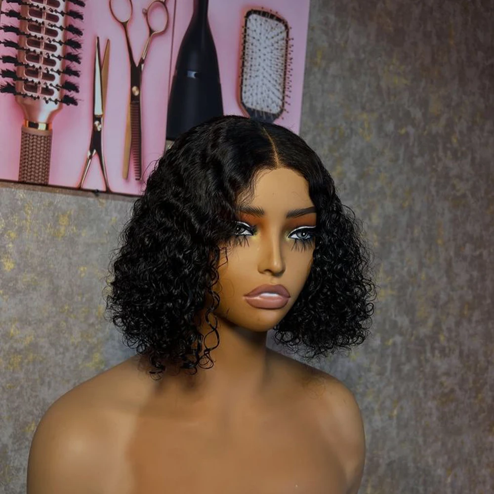 عميق مجعد قصير بوب شعر مستعار 13x4 الدانتيل الشفاف أمامي 200 الكثافة الطبيعية الأسود موجة المياه البرازيلي خصلات الشعر المستعار الإنسان للنساء