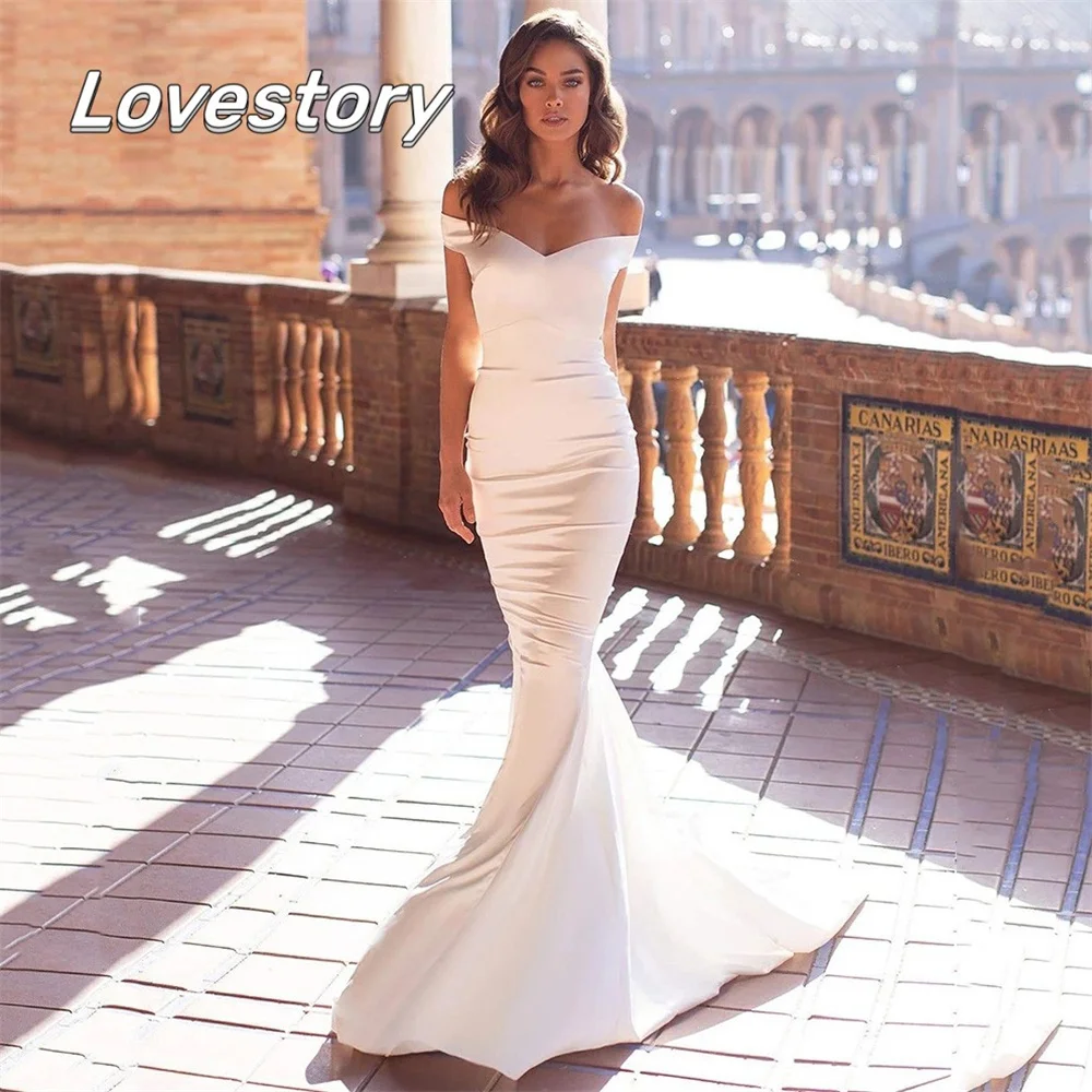 

Gorgeous Mermaid Wedding Dresses V-Neck Off The Shoulder Satin Bride Robes Sexy Bow Backless Boho Bridal Gowns Vestidos De Noiva