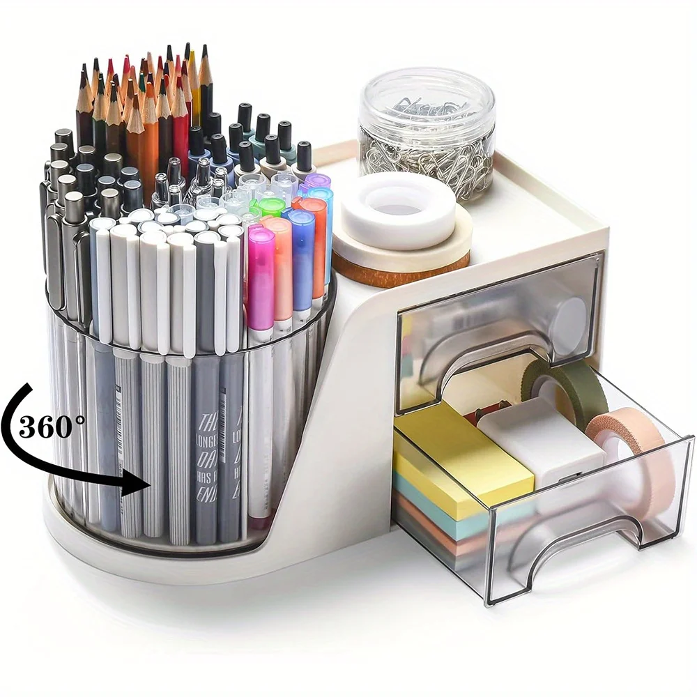 Rotating Desk Organizer with 2 Drawer 360° Rotatable Holder Multi Functional Stationery Storage Holder for Office Supplies