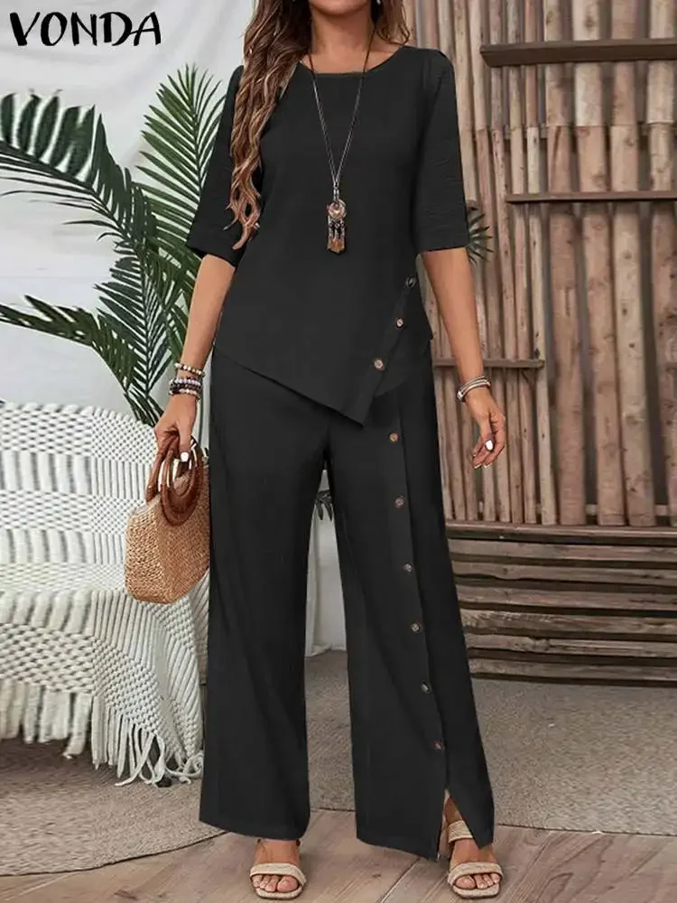 VONDA Plus Size 5XL Women Sets 2024 Elegant Pants Suits Casual Irregular Hem Button Up Shirt and Loose Straight Leg Pants