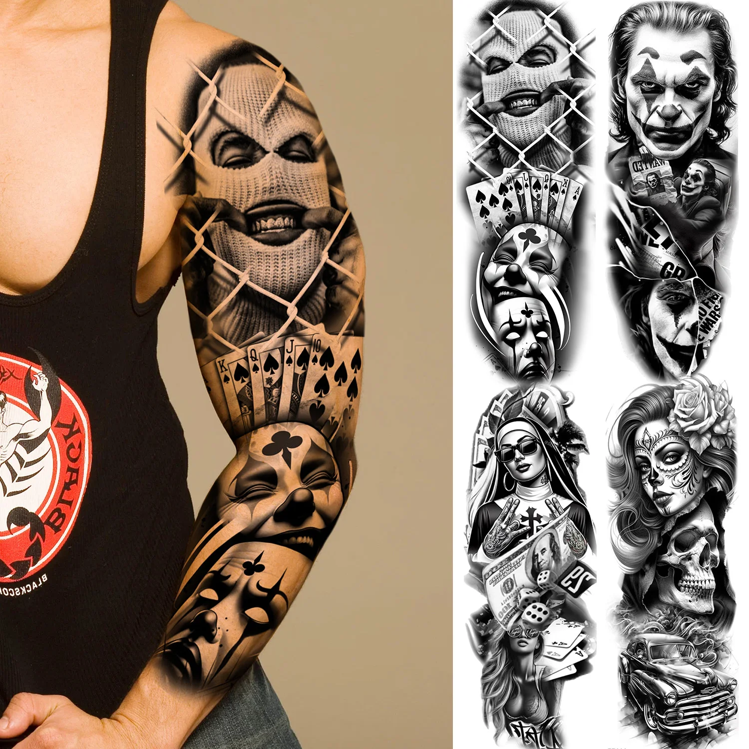 

1 Sheet Full Arm Leg Robber Joker Gangster Temporary Tattoos Long Large Bad Guy Nun Fake Tattoo Sleeve Waterproof Tatoo Sticker