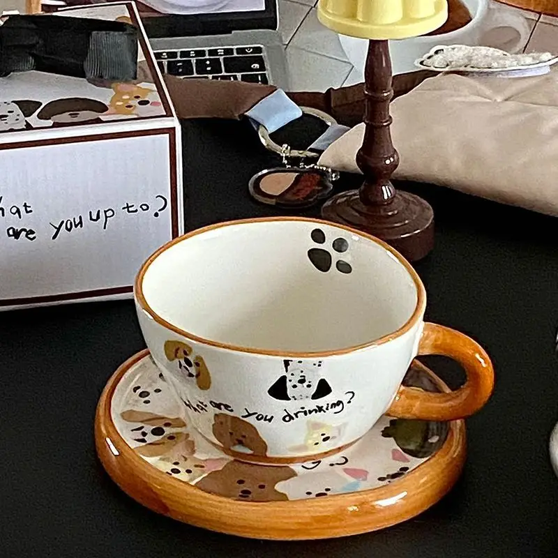 

Cartoon Creative Caramel Puppy Coffee Cup Plate Birthday Gift Box Set Retro Ceramic Mug Cute AnimalWater Cup Student Couples
