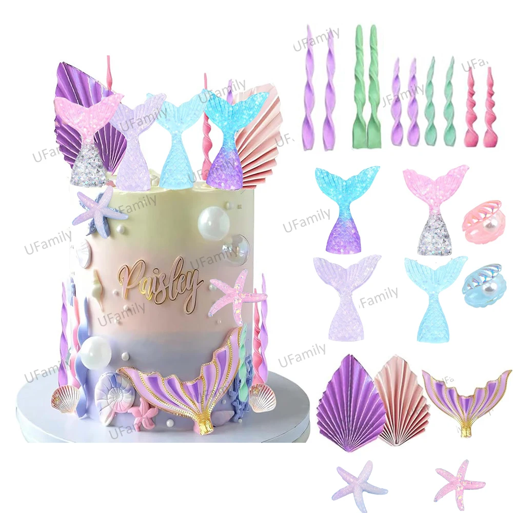 

23pcs Mermaid Cake Toppers Mermaid Tails Seaweed Shells DIY Cupcake Decor for Baby Shower Mermaid Birthday Theme Cake Supplies