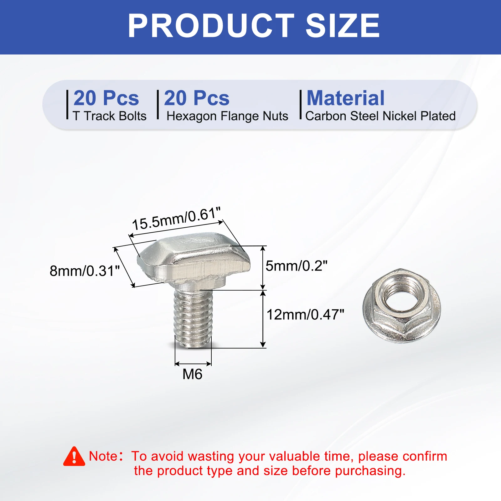 20Sets M6 M8 T-Slot Bolts Carbon Steel Nickel Plated Square Head Screw Hexagon Head Flange Nut Set Suitable for 30 Series Silver