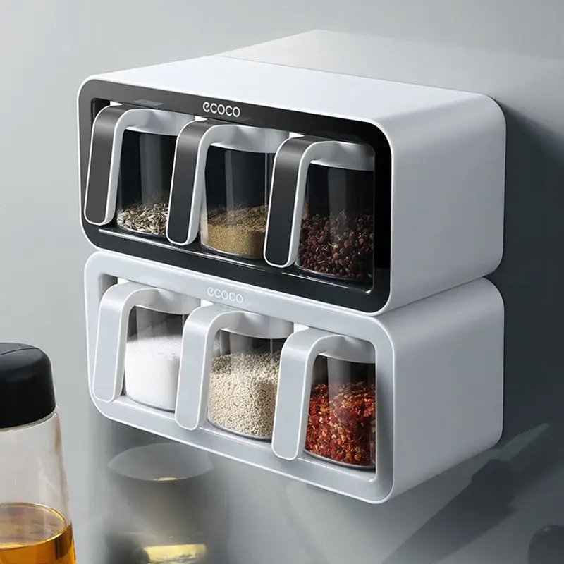 3Bottle Spice Rack Wall Mount Kitchen Storage Rack Seasoning Box Sugar Salt Container Organizer Jar Spice Holder Kitchen Storage