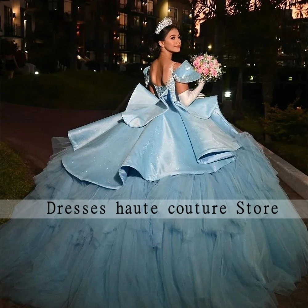 

Мексиканское синее тюлевое платье Quinceanera, бальное платье 2025 года, платье с бантом и аппликацией Sweet 16, Vestidos De 15 Anos Quinceañeras по индивидуальному заказу