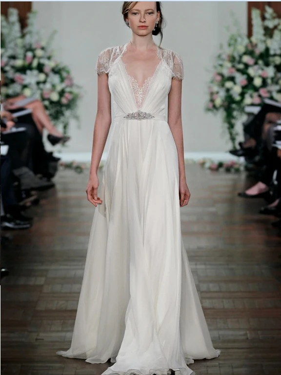 Đầm Jenny Packham Bãi Biển Mùa Hè Áo Váy Gợi Cảm Cổ V Sâu Mũ Tay Phối Ren Hạt Voan Vỏ Áo Dài Cô Dâu Vestidos