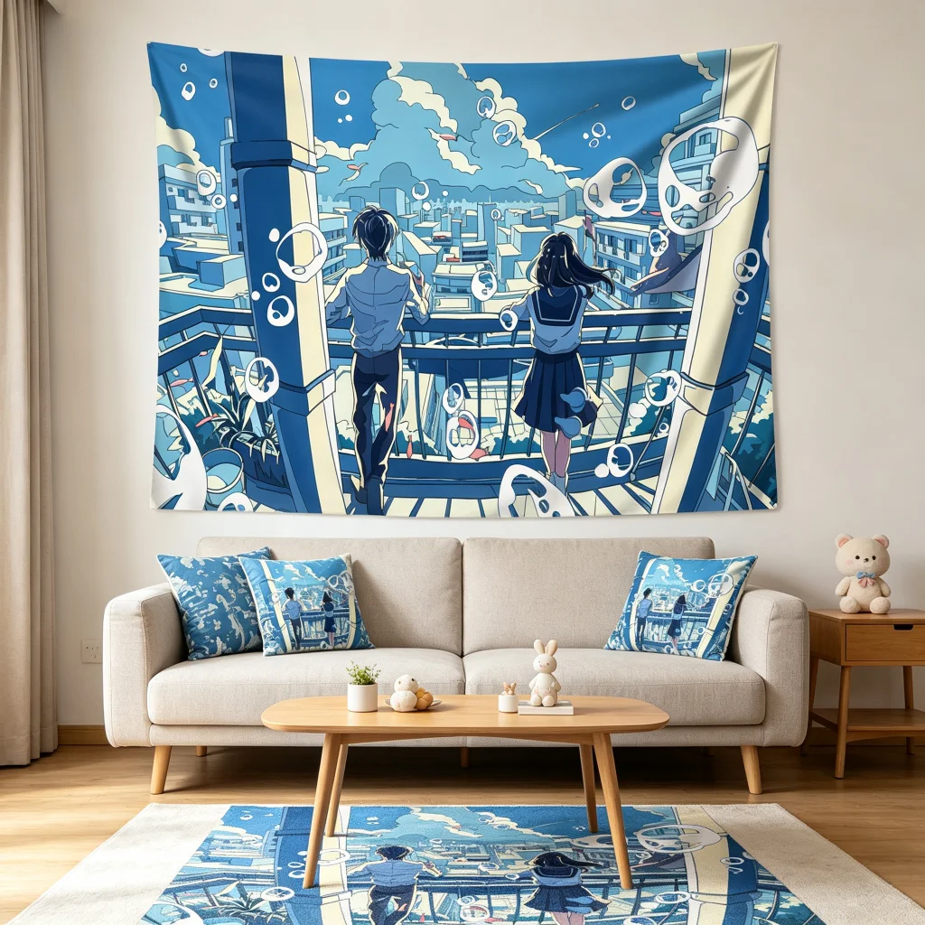 1PC Blue Anime Boy Girl Balcony Print Backdrop Banner, Bedroom Living Room Photo Background, Polyester, Home Decor, Wall Art