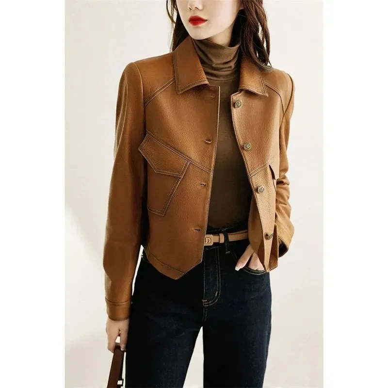 2025 High-End Brown Women PU Leather Outwear Button Outfit Spring Autumn Women Fashion Short Thin Female Leather Jacket