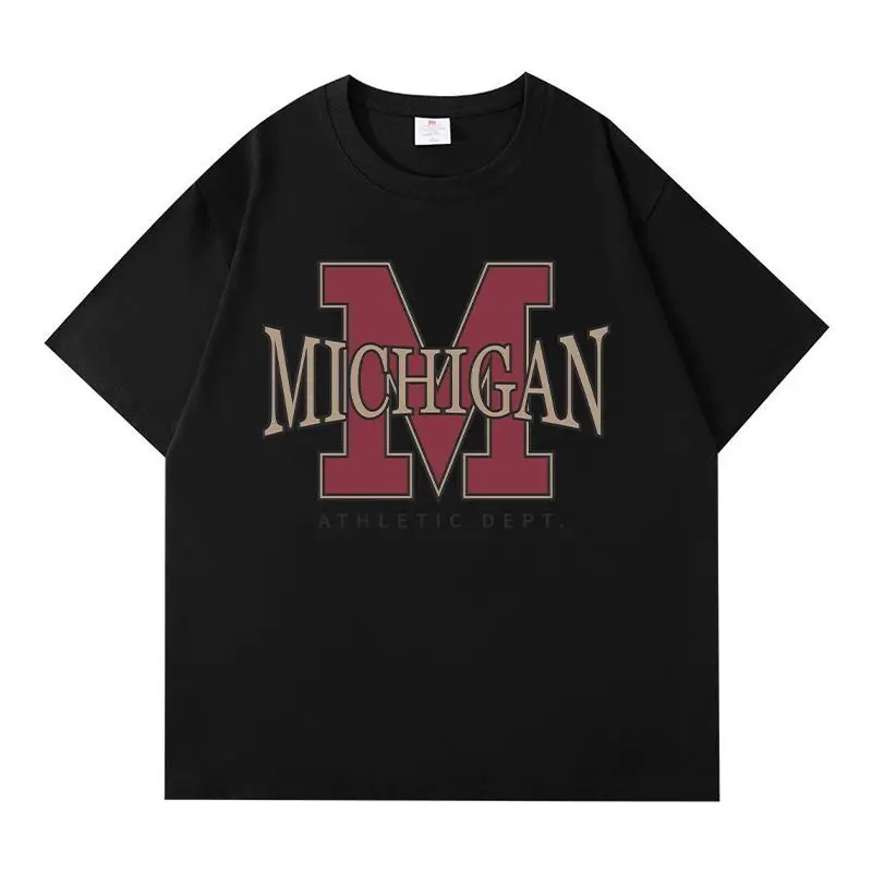 

Новый комплект спортивной футболки Michigan 2025 года, черно-белые, темно-синие топы с короткими рукавами, винтажным принтом M и соответствующими надписями