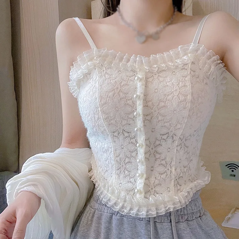 Women's Suspenders With Chest Pad Lace Double Layer French Style Outer Wear Bottoming Shirt Tube Top Slim Fit Versatile Camisole