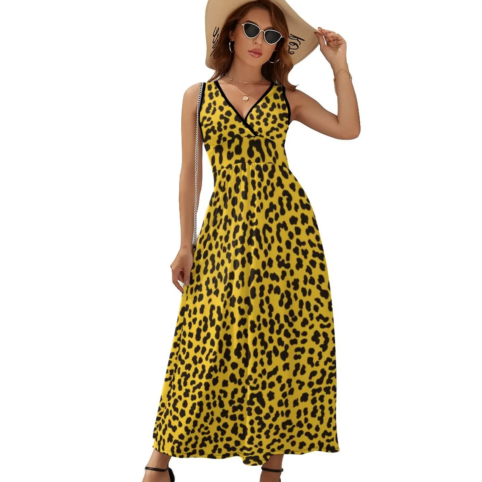 Retro 80S Punk Rock Dress Yellow Leopard Print Modern Maxi Dress Aesthetic Boho Beach Long Dresses V Neck Printed Vestido