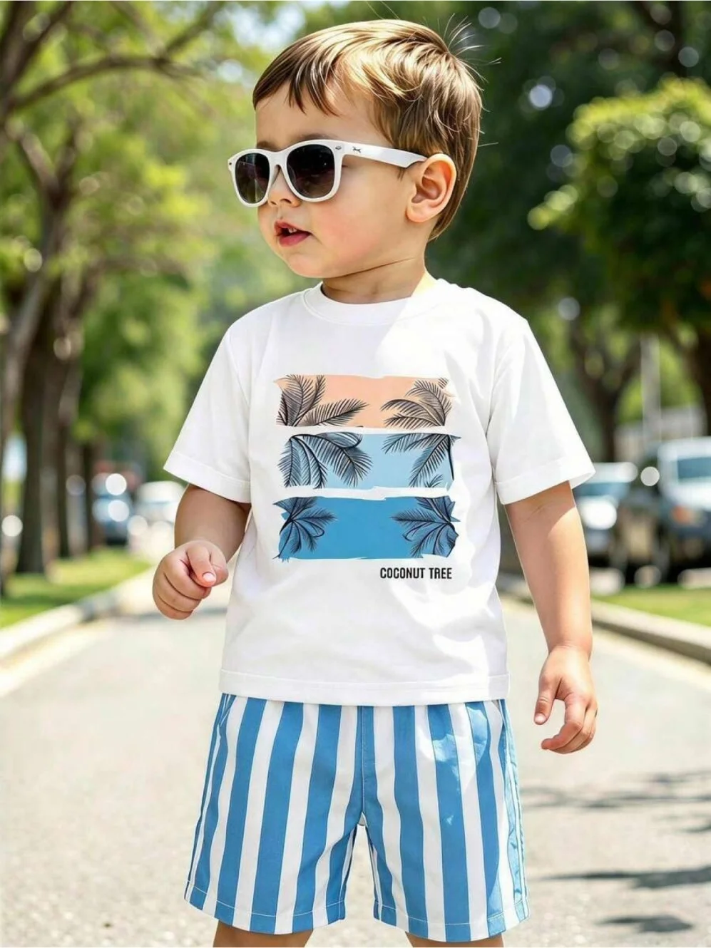 Neue Sommer-Kinderkleidung für Jungen, verspieltes Muster, Rundhalsausschnitt, kurzärmeliges Oberteil, gewellte Streifen-Shorts, bequeme Kinderkleidung – Detail 6