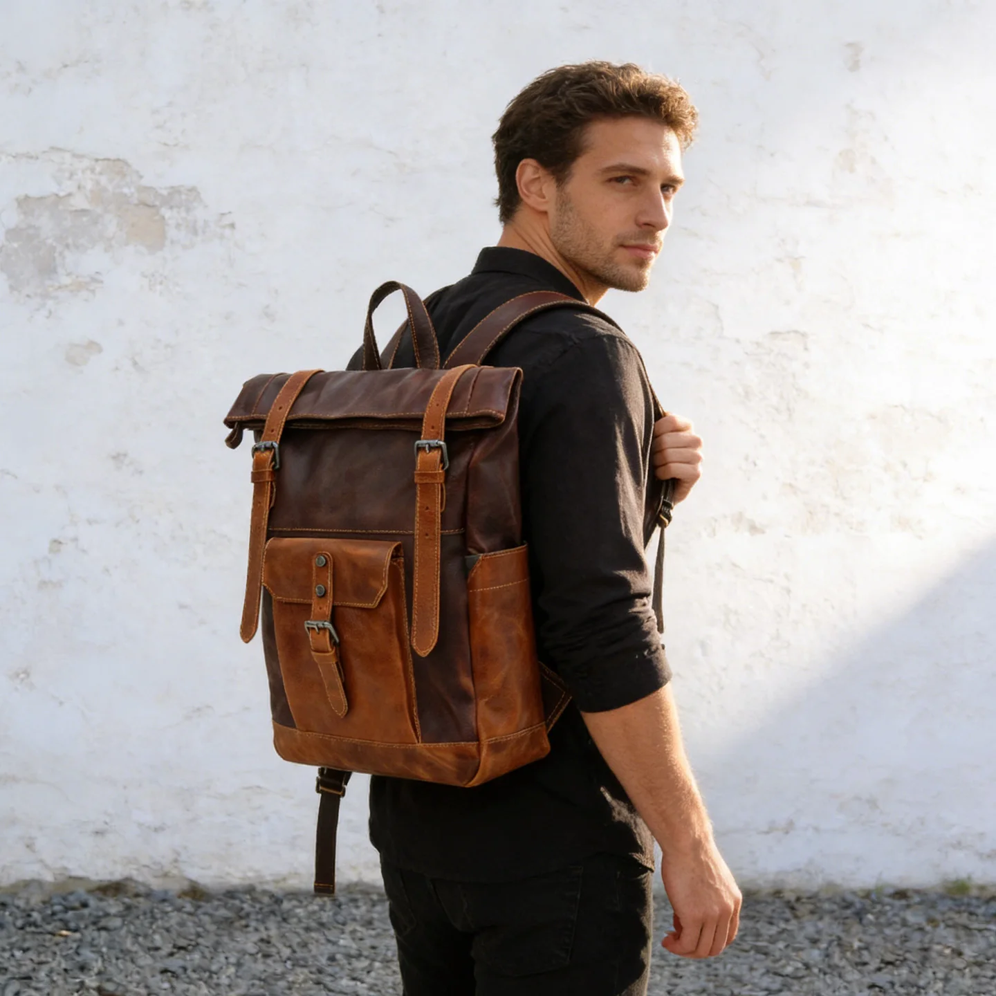 Retro World War II Outdoor Leisure Travel Bag Double Shoulder Bag Personalized Top Grain Leather Large Capacity Cowhide Trave...