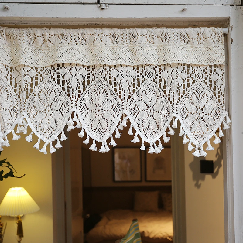 

American country-style curtains with half valance crochet tassels door rod-pocket adhesive light-transmitting coffee curtain