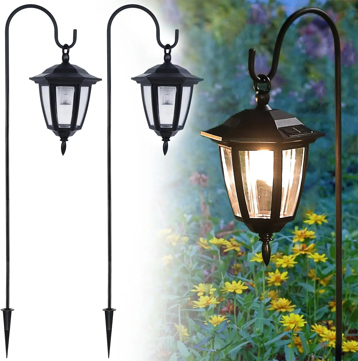 

2 Pack Solar Hanging Lights, 38' with Shepherds Hooks, Waterproof Outdoor Garden Lanterns, Warm White for Lawn, Patio, Yard