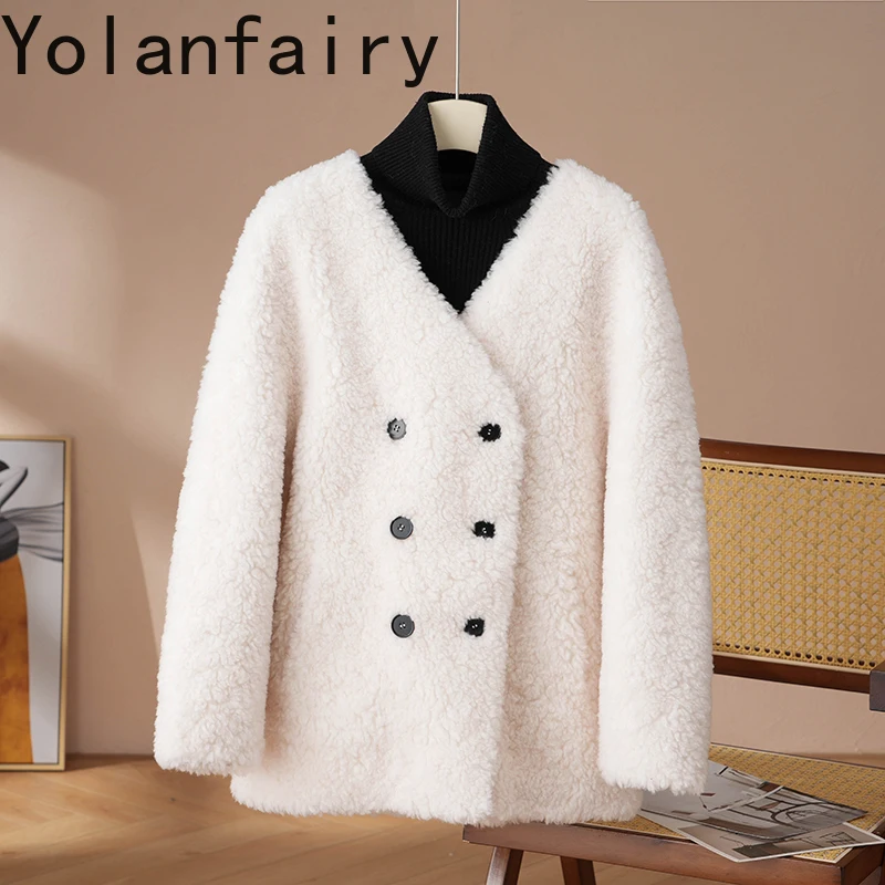 เสื้อแจ็คเก็ตขนสัตว์แท้ 100% ยี่ห้อ YOLANFAIRY สำหรับผู้หญิง ฤดูใบไม้ร่วง ฤดูหนาว คอวี ขนแกะเนื้อละเอียด เสื้อแจ็คเก็ตขนสัตว์สีขาวสุดหรู เสื้อโค้ทขนสัตว์ Roupas Femininas