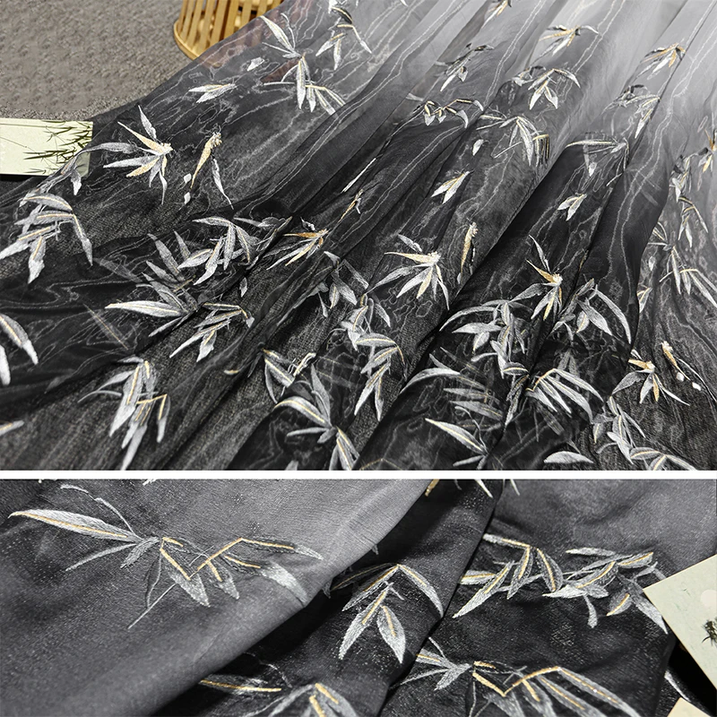 竹刺繍オーガンザ生地 DIY 馬の顔プリーツスカートチャイナ縫製グラデーションヘビー刺繍竹デザイン生地