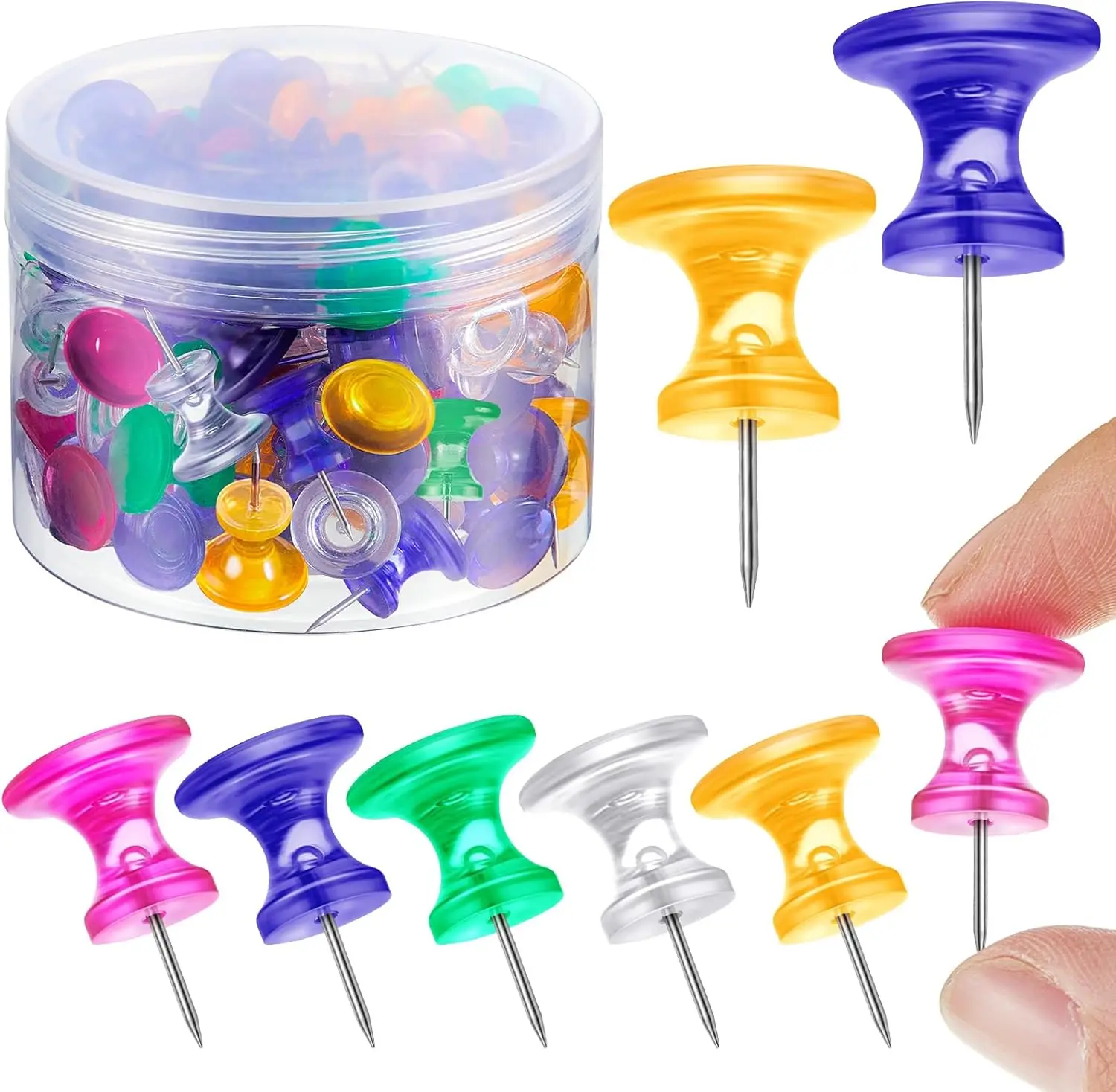 

60 Pcs Giant Push Pins, 1 Inch Plastic Head Jumbo Tacks for Cork Board, Maps, Posters, Decorations (Rose Red, Yellow, Blue, Green, Clear)