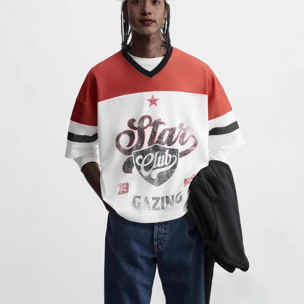 

Лето 2025 г., новая мужская одежда, американская свободная футболка с коротким рукавом и принтом из сетчатой ткани с принтом