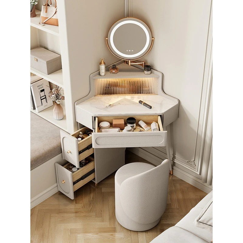 Large and small round elegant corner dressing tables, French cream-style small triangular dressing