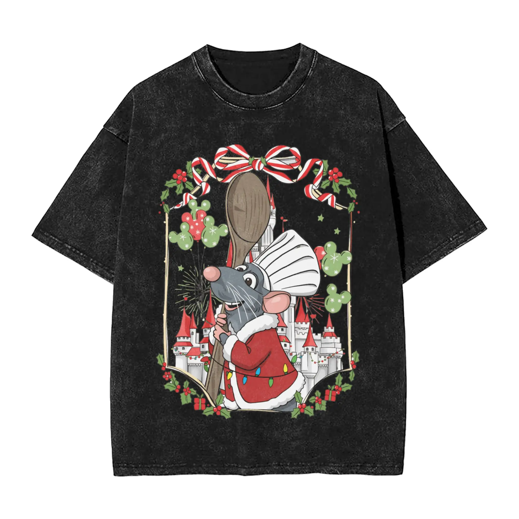 Ratatouille Christmas Washed T Shirt Men  Y2K Classic Casual T Shirts Summer Crew Neck Harajuku Tees Print Oversized Tops